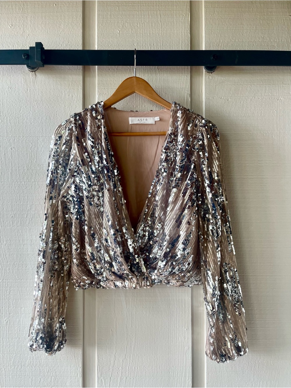 Astr Metallic Sequin Wrap Crop Top in Champagne